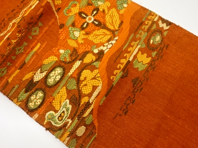 手織り真綿紬草花模様織出し名古屋帯